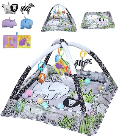 eSynic Baby Gym Spielmatte Spielbogen 7 in 1 Kickin' Tunes Spieldecke Krabbeldecke mit 5 Abnehmbaren Spielzeugen Montessori für Babys von 0-18 Monaten Schwarz-Weiß Kontrast 18 Spielbälle
