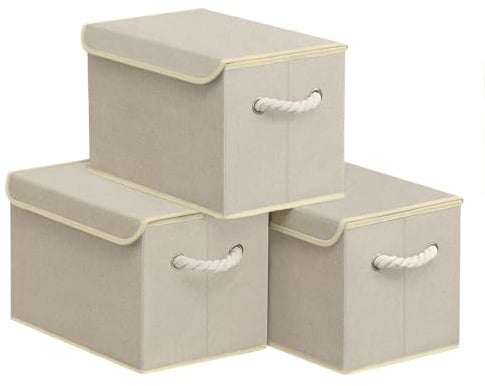 SONGMICS Aufbewahrungsbox mit Deckel, klappbar, 3er Set, 38 x 25 x 25 cm | Vliesstoffboxen, Aufbewahrung, Organizer, Baumwollseil-Griffe, für Kleiderschrank, beige, TINA Kollektion RFB013LZ01
