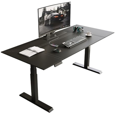FZL02068LM PC Table Electric Standing Desk with Leather Desktop, Adjustable Height Sit Stand Up with 3 Memory Presets, Charging Outlets, Black Office Desk(S)
