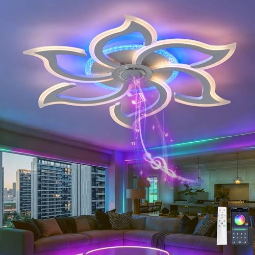 Ceiling Lights with RGB Chandelier Flower Pattern with Bluetooth Speaker Remote Control APP Timer Dimmable Ceiling Lamp with 3 Color Temperatures Night Light and Memory Function for Bedroom, White