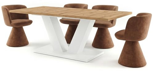 Newroom Esstisch ausziehbar Weiß Wildeiche Säulentisch Esszimmertisch | V-Säulengestell zweifarbig, Säulentisch, Küchentisch, Speisetisch, für Familien, 6-8 Personen ausgezogen