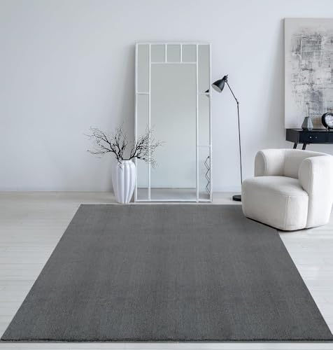 Mia´s Teppiche Taos – kuscheliger Kurzflor Teppich in Felloptik, super Soft & waschbar bis 30°C, mit Anti-Rutsch-Unterseite, Wohnzimmer & Schlafzimmer, Made in Türkiye, Anthrazit, 240 x 240 cm