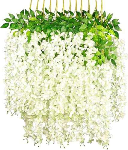 Yeehliny Künstlich hängende Blumen, Blauregen Seidenblumen,hängende Dekoration Garland Seide Blumen für Party Home Dekoration Hochzeiten, 110 cm (36 stück/Weiß)