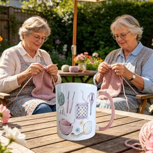Giwoatln Taza Tejer Crochet - 330ml Regalo Ganchillo Taza Cerámica, TazaDe Herramientas De Tejer Y Coser, Regalo Punto TazasDe Café Con Asa Aislante Para Mujeres Adultos Amantes