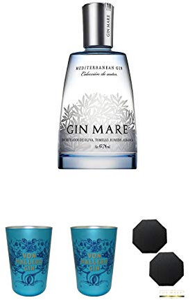 Gin Mare 0,5 Liter + Von Hallers Gin Becher aus Kristallglas 2 Stück + Schiefer Glasuntersetzer achteckig 2 x ca. 9,5 cm