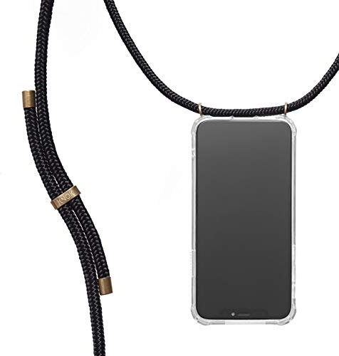 KNOK Handykette Kompatibel mit Apple iPhone 11 Pro Max - Silikon Hülle mit Band - Handyhülle für Smartphone zum Umhängen - Transparent Case mit Schnur - Schutzhülle mit Kordel in Schwarz