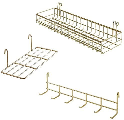 BULYZER 2pcs Gold Korb für gridwal StüCke Gold Gitterkorb Shelf für Wall Grid Panel Wandhalterung Organizer und Storage Shelf Rack für Haus Bedarf