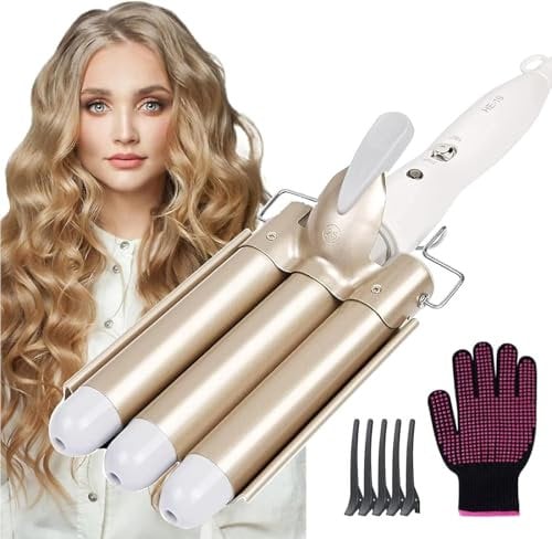 Flintronic 25mm Rizador de Pelo, Rizador de 3 Tubos Rápido, Iron Wave Curler Multifunción Temperatura Ajustable 180℃/210℃ para Rizar y Ondas un Efecto Ondulado, Turmalina y Cerámica