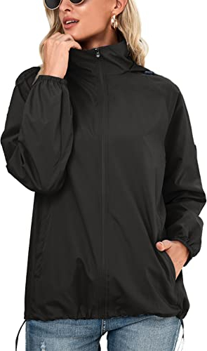 SotRong Veste imperméable pour femme - Veste de pluie légère pour printemps et été - Séchage rapide - Fermeture éclair - Veste d'extérieur à capuche, Noir , L