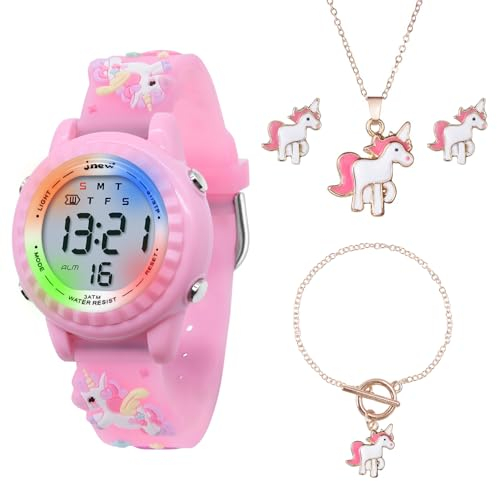 HMJIA Montre Enfant Fille et Set de Colliers Licorne Montre Digitale avec Bracelet en Silicone 3ATM Étanche avec Lumière Clignotante Montre Enfants pour Filles de 4 à 12 Ans (Kit Licorne Rose)