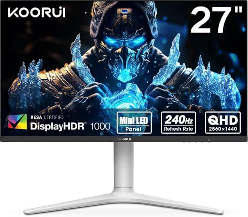KOORUI Gaming Monitor 27 Zoll, 240Hz, VA Mini LED, 1ms, QHD Gaming Bildschirm Adaptive Sync, 2xHDMI 2.0 & DisplayPort 1.4, HDR 1000, DCI-P3 95%, VESA 75 * 75mm, Eye Care, Höhenverstellbar