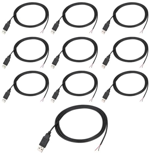 Greluma 10 Pz Pigtail USB maschio da 1 metro, cavo USB 2.0 a 2 fili 22AWG, estremità aperta a filo nudo a 2 pin, cavo USB maschio da 1 m, cavo di alimentazione con presa USB 12V 3A, colore nero