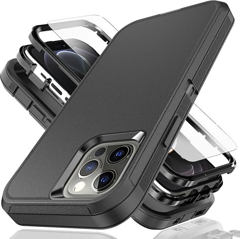 YmhxcY for iPhone 12 Case iPhone 12 Pro Case 6.1-Inch with Explosion-Proof Screen Protector,3 in 1 Shockproof TPU Hard PC Bumper Drop-Proof Shell for iPhone 12/iPhone 12 Pro-Black