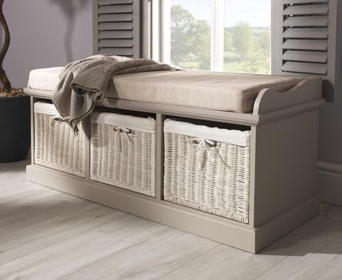 Tetbury Storage Bench with 3 Wicker Baskets and Cushion Seat | Fully Assembled Hallway Shoe Storage, Indoor Bench W112cm D40cm H46cm (truffle)