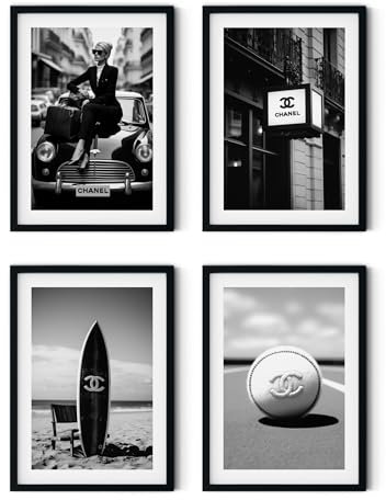 MJ-GRAPHICS® - Mood Poster Set Coco Schwarz-Weiß - Bilder Wohnzimmer Deko Schlafzimmer - Glamour Lifestyle Mode Wandposter - 4xA3 Art Kunstdruck - Oldtimer Surfen Mode Fashion, Vintage - ohne Rahmen