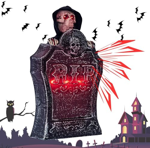 Grabstein mit leuchtenden Augen, Halloween Frontwiese Friedhof - Grabstein-Grabstein-Dekoration für Halloween - Gruselige Dekoration mit Horror Sound, Dekoration