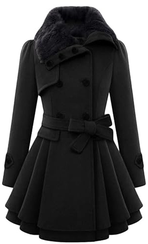 BOFETA Damen Pea Coat Warm Mid-Length Trenchcoat Winter Loose Overcoats Jacke Mit Gürtel Schwarz XS