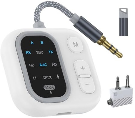 ANBRONICS Bluetooth 5.3 Adapter for Airplane, Support 2 AirPods Dual Wireless Headphones, aptX Adaptive 3.5mm AUX Jack Wireless Audio Transmitter for TV, Airline, Planes, Travel