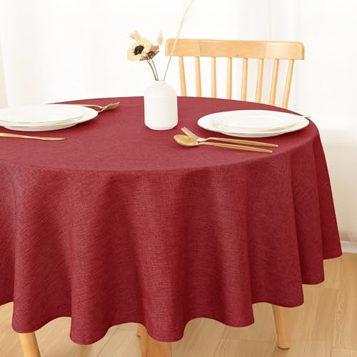 DWCN Rot Tischdecke Rund 140cm, Abwaschbar Tischdecke Outdoor | Leinenoptik Tschwäsche Wetterfest für Esszimmer, Garten, Party, Hochzeiten, Haushalt Wohnzimmer, Balkon