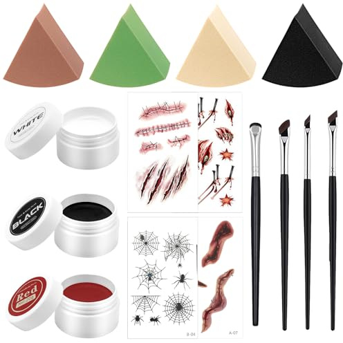 GWAWG Halloween Schminke, Halloween Make up 3 Farben Schwarz Rot Weiß,mit Makeup Schwämmen, Pinseln & Tattoo Aufkleber, Grusel Makeup Kit für Zombie, Vampir, Joker Kostüm