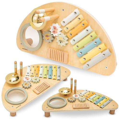 mamabrum Holz Musikcenter ab 9 Monaten – Montessori Musikinstrumenten-Set für Kinder mit Xylophon, Mini-Schlagzeug & Trommel – Lernspielzeug fördert Motorik & Musikentwicklung