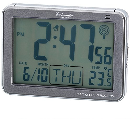 Eichmüller Funk Wecker 12/24 Std.-Anzeige, lauter Alarm, Schlummerfunktion, Kalender, Temperatur, L: 11,5cm T: 4cm H: 8,5cm … (grau)