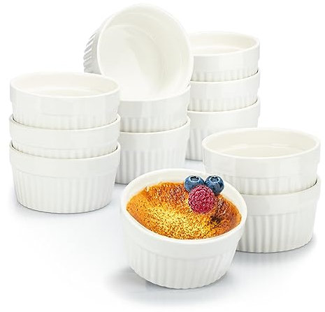 COM-FOUR® 12x Soufflé Förmchen - Creme Brulee Schälchen aus Keramik - Ofenfeste Förmchen - Dessertschale und Pastetenförmchen für z.B. Ragout Fin - je 200 ml - in weiß