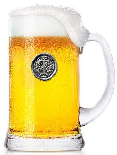 English Pewter Company 1 Pint Monogram Initial Beer Mug Glass Tankard - Personalized with Your Choice of Initial (T) [MON020]