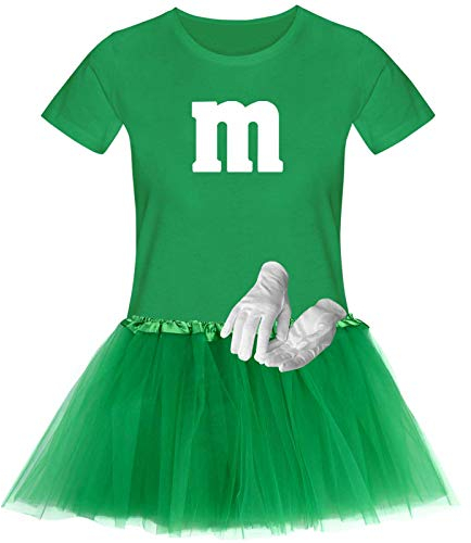 T-Shirt M&M + Tüllrock Karneval Gruppenkostüm Schokolinse 11 Farben Damen XS-3XL Fasching Verkleidung M's Fans Tanzgruppe, Gr.:M, Farbauswahl:grün - Logo Weiss (+Handschuhe Weiss/Tütü grün)
