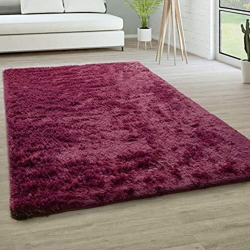 Paco Home Hochflor Teppich Wohnzimmer rutschfest Fellteppich Shaggy Flauschig Weich Modern Kunstfell Fell Imitat Einfarbig, Grösse:200 cm Rund, Farbe:Lila