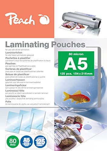 Peach Laminierfolien A5 - 80 mic - 125 pouches - glänzend - Premiumqualität für beste Laminierergebnisse - kompatibel mit Geräten aller Markenhersteller - PP580-03P