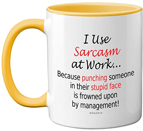 Tazas divertidas hombres mujeres – I use sarcasm at work – Tazas novedosas compañeros trabajo, regalos divertidos Papá Noel secreto regalo Navidad, regalo cumpleaños, taza mango amarillo 11 onzas
