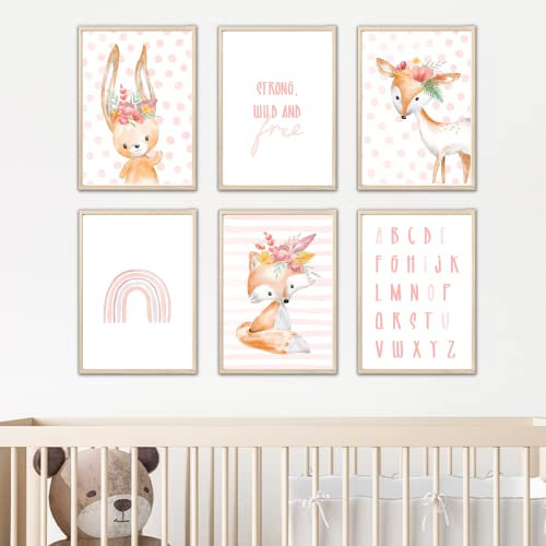 MeinBaby123® Poster Kinderzimmer | 6er Set DIN A4 Poster Set | Indianer-Tiere Boho Wandbilder | Deko Bilder Kinderzimmer | Babyzimmer Deko | Wandposter Premium (Boho Tiere rosa)