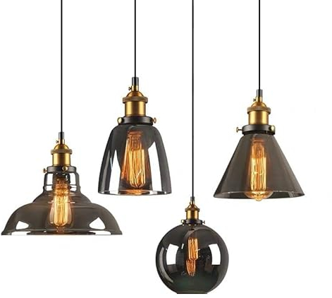 vintage suspension en fumée gris verre cristal lustre de salle à manger rétro rustique lampe suspendue abat-jour rond moderne luminaire de table à manger LED plafonnier salon cuisine couloir étude (A)