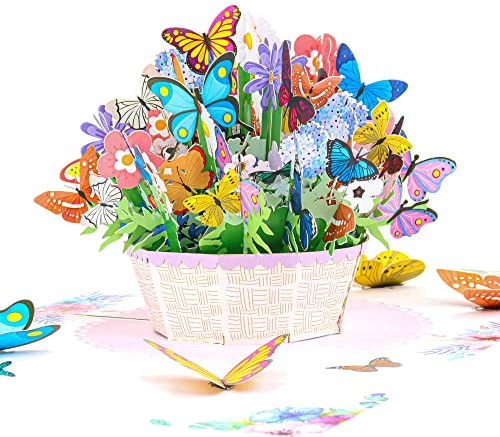 Favour Pop Up® - 3D Karte mit einem prachtvollen Blumenkorb, zum Geburtstag, zum Jubiläum, zur Genesung oder als lieber Gruss. Mit Einschiebekarte zum Beschriften. TL094