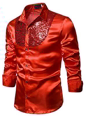 YILEEGOO Men's Shiny Satin Sequins Button Up Dress Shirts Long Sleeve Slim Fit Disco Party Prom Wedding Shirts Costume (Red, XL)