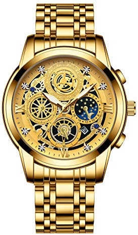 Avaner Armbanduhr Herren mit Strass Skala&DREI Augen Zahnräder Herren Uhr aus Edelstahl Dekorative Kalender Leuchtzeiger Business Herrenarmbanduhr für Männer