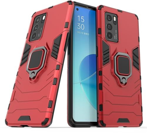 Coque pour Oppo Reno 6 Pro Housse Antichoc avec Anneau Rotatif Aimant Etui Magnétique Rigide Dure Armure Bague Support Armure Renforcée (Oppo Reno 6 Pro, Rouge)