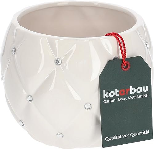 KOTARBAU® Glamour Keramik Blumentopf ⌀ 15 cm mit Zirkonen Rund Pflanztopf Weiß Pflanzkübel Blumenkübel für Zimmerpflanzen Übertopf für Pflanzen Gartentopf