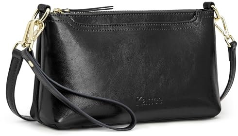 Kattee Borsa a tracolla in vera pelle da donna, alla moda, piccole borse a tracolla e borse, pochette da polso con 2 cinghie, Nero