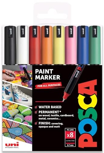 Posca - PC-1MR Art Paint Markers - 0.7mm Nib - Set of 8 - in Plastic Wallet (Essential Tones)