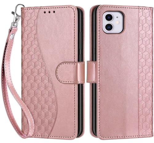 SIENIANLINE Handyhülle für iPhone 11 Hülle Würfel - Roségold | 3 Kartenfächer & 1 Geldfach, Magnetverschluss, Ständerfunktion, robuste premium PU leder klapphülle für iPhone 11