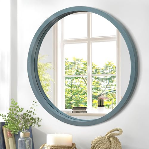 JJUUYOU Runder Wandspiegel mit antikem Holzrahmen, 60 cm, marineblauer Kreisspiegel für Badezimmer, Wohnzimmer, Schlafzimmer, Waschraum, Wohnheim