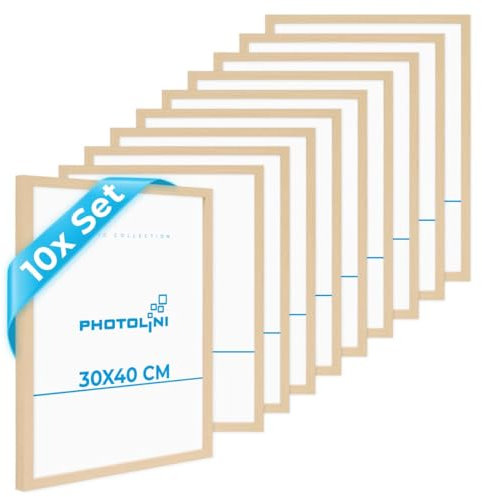 PHOTOLINI Cadre 30 x 40 bois MDF naturel, lot de 10 cadres photo 30x40 pour posters, picture frame 40x30, verre acrylique incassable, décoration murale à suspendre, avec accessoires supplémentaires