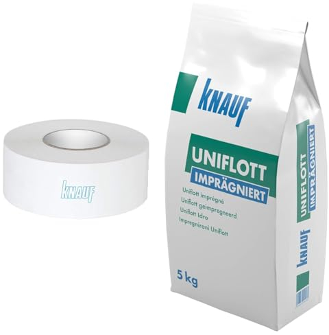 Knauf Reißfester Bewehrungs-Streifen Zur Verspachtelung Von Gipskarton-Platten, 75 meter & Uniflott imprägniert Gipsspachtel-Masse zum Verspachteln von imprägnierten Gipsplatten