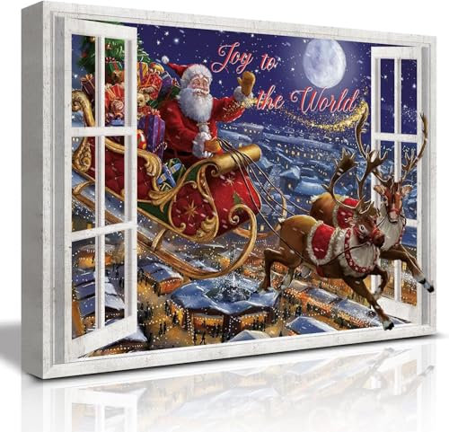KAIRNE Weihnachtsmann Wandbilder,Weihnachts Wandkunst Leinwand,Joy To The World Rentier Elch Poster(12x16”),Weihnachten Weihnacht Bilder mit Rahmen,Neujahrs Wandkunst für Wohnzimmer Wanddeko Geschenk