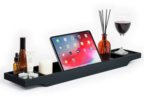 woodluv Slimline Bamboo Bathtub Caddy Tray Bridge Wooden Bath Rack Bathroom Accessory Bath Shelf Over Tub Bathroom Board Storage Shelf Tidy Relax Organiser, 70 x 14.5 x 7.5 cm - Black
