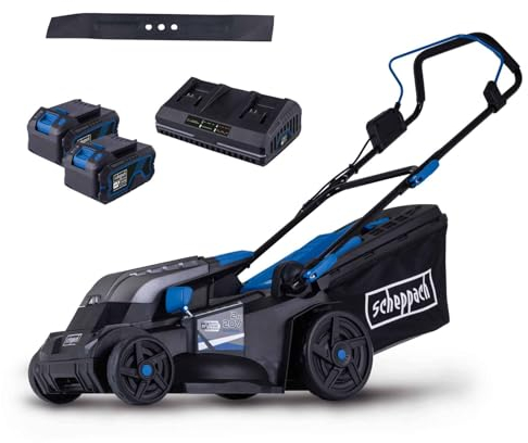 Scheppach Akku-Rasenmäher BC-MP380-X 20V Brushless | 38cm Schnittbreite | für 450-500 m2 | Schnitthöhenverstellung von 25–75mm | 45L Korb | Mulcheinsatz | mit 2X 4Ah Akku, Doppelladegerät & Messer