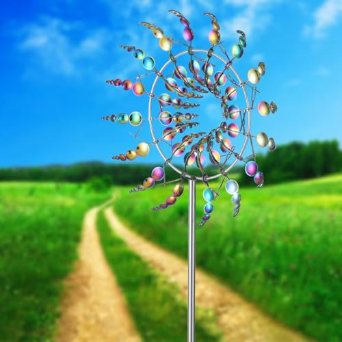Reyife Magisches 3D-Windspiel für den Außenbereich, 360°-Metall-Windmühlen für Hof, Garten, 32 cm, windbetriebene Windfänger, Skulpturen und Spinner für Hof, Garten, Terrasse, Dekoration (bunt)