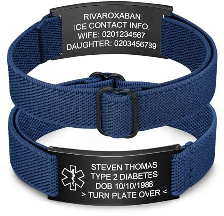 FLHEART Personalised Medical Alert Bracelet for Men - Customised Elastic Strap Stainless Steel Bracelets Engraved Medic Info, Emergency Awareness Medic ID Bracelet, Navy Blue